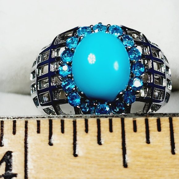Natural Arizona Sleeping Beauty Turquoise/Neon Apatite Halo ring in Rhodium/925 - Picture 3 of 6